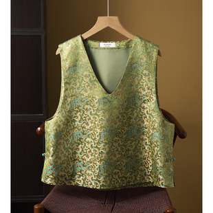 上衣 桑蚕丝V领无袖 高端 蔓草夔龙纹真丝宋锦国风盘扣背心女新中式