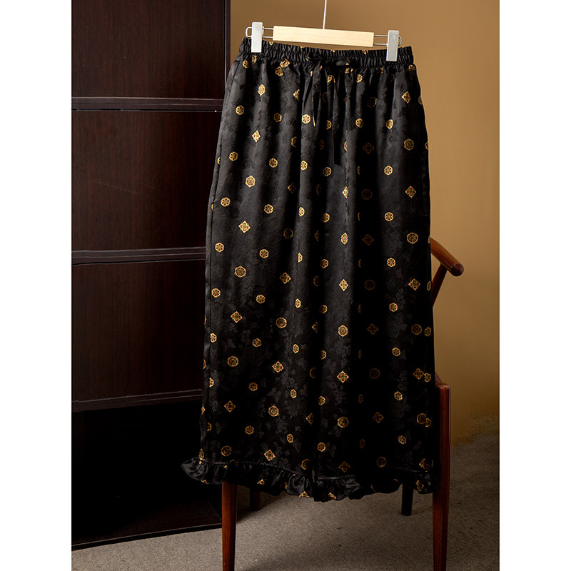 高端 100%桑蚕丝提花花萝木耳边宽松直筒裤松紧腰真丝休闲长裤春