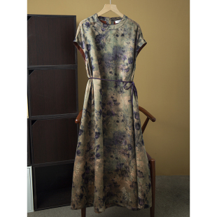 丝艺 连衣裙小圆领 100%桑蚕丝紫色郁金香国风真丝香云纱花萝短袖