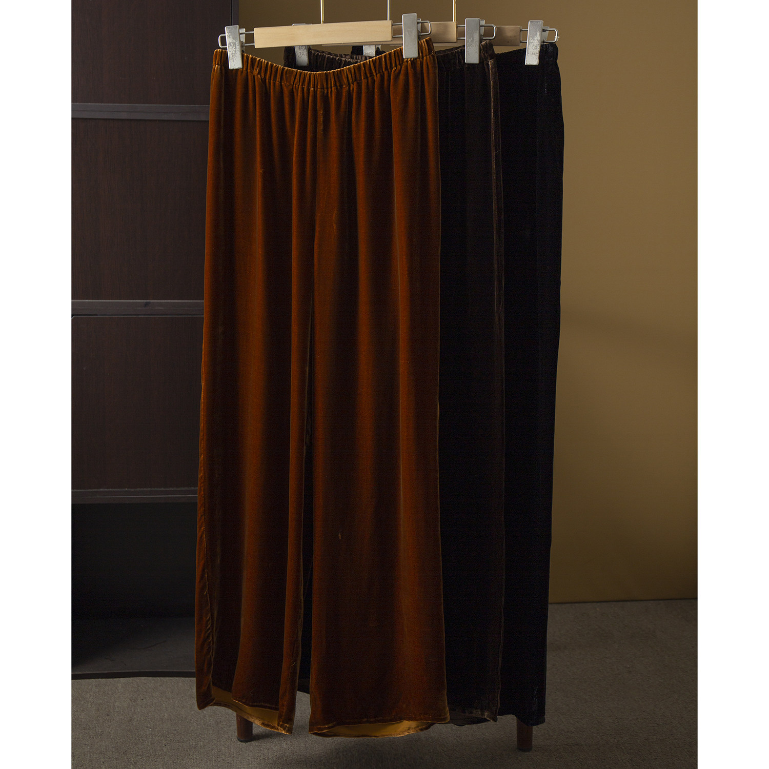 亏清 高品质桑蚕丝底布真丝丝绒阔腿裤女长裤直筒松紧腰休闲裤春