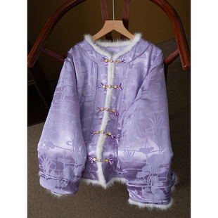 高端填充100%桑蚕丝冠乐绉真丝棉服外套女国风100%水貂毛棉衣冬装