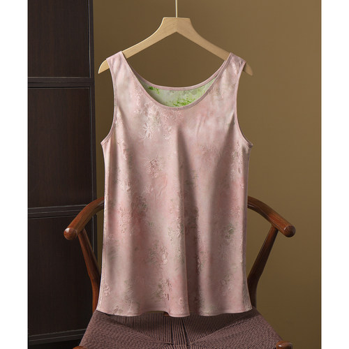 丝艺 双面穿100%桑蚕丝真丝全孔桑波缎背心提花圆领无袖上衣小衫