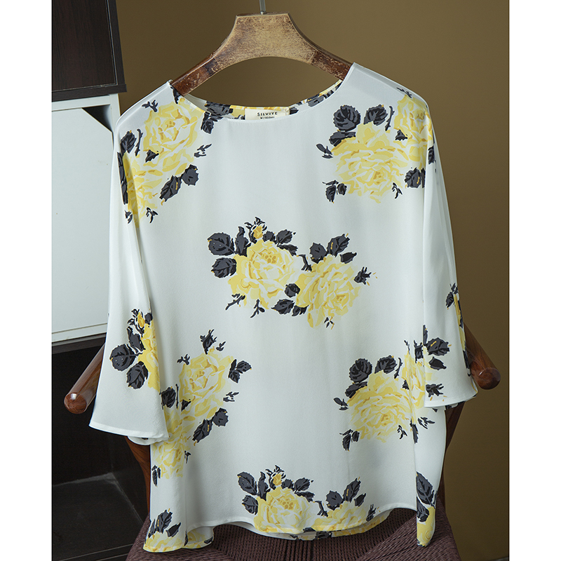 亏清 22姆米100%桑蚕丝双绉蝙蝠袖短袖T恤女宽松一片式真丝上衣夏