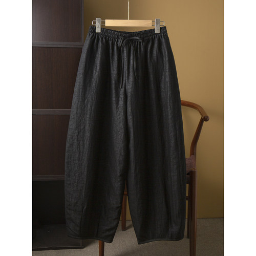 高端100%桑蚕丝香云纱龟裂纹真丝棉裤休闲裤保暖弯刀裤冬季夹棉女