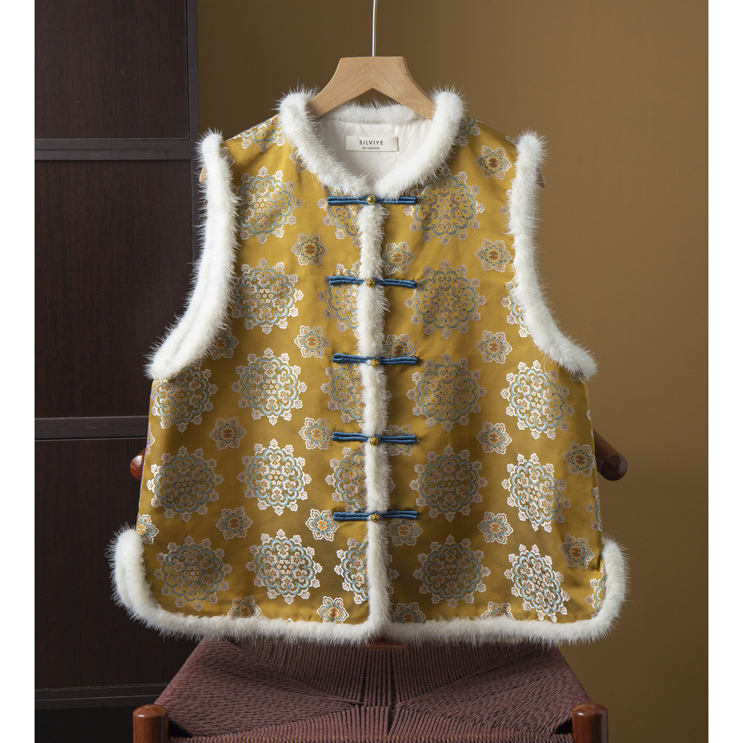 丝艺填充100%桑蚕丝宝相花宋锦提花水貂毛真丝马甲棉服国风外套冬