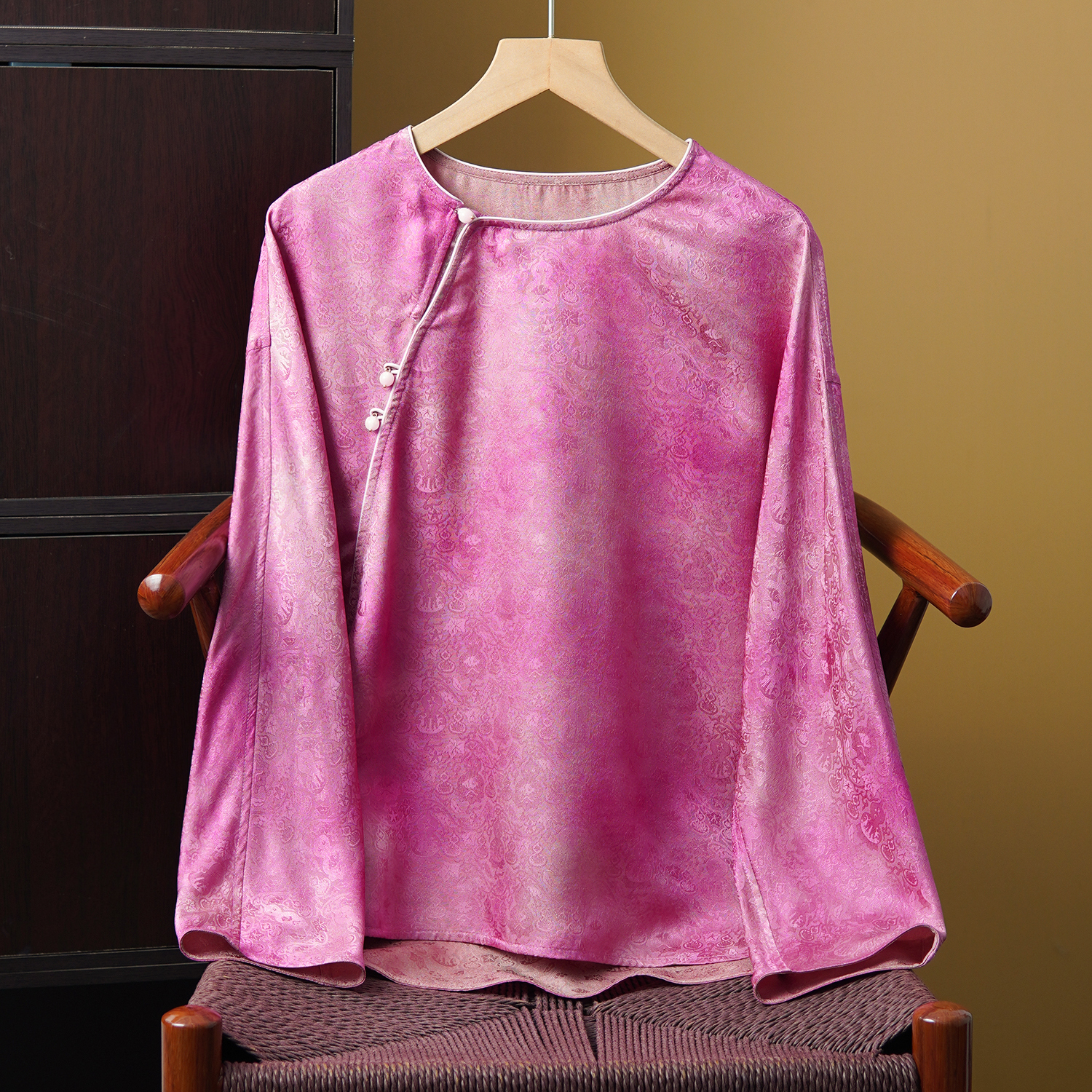 丝艺100%桑蚕丝双面穿异色萝真丝国风长袖上衣女斜门襟提花小衫秋