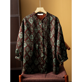 国风上衣 娃娃衫 丝艺 100%桑蚕丝胸前打褶香云纱花萝真丝立领衬衫