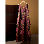 亏清 100%桑蚕丝紫色烟花香云纱花萝真丝背心裙女无袖 连衣裙宽松