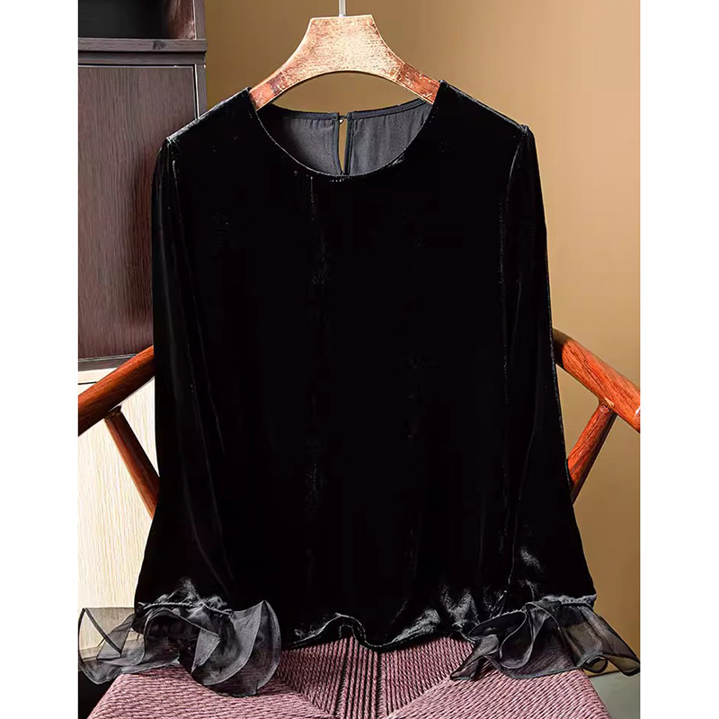 高端真丝丝绒喇叭袖拼接欧根纱小衫女桑蚕丝宽松圆领女长袖上衣春,女装/女士精品,真丝上装,淘宝优惠券,粉丝福利购,淘宝优惠卷