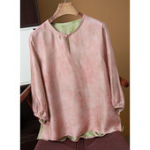 全罗真丝绞萝圆领上衣女桑蚕丝国风七分袖 丝艺 双面穿 衬衣宽松春