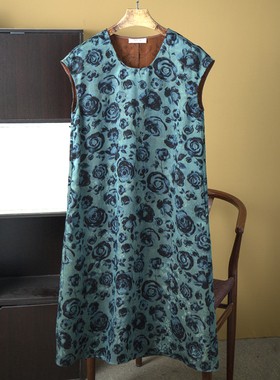 现货 蓝色玫瑰真丝香云纱花萝连衣裙100%桑蚕丝印花宽松短袖裙子