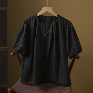 亏清龟裂纹香云纱真丝短袖衬衫女100%桑蚕丝木耳袖圆领上衣国风春