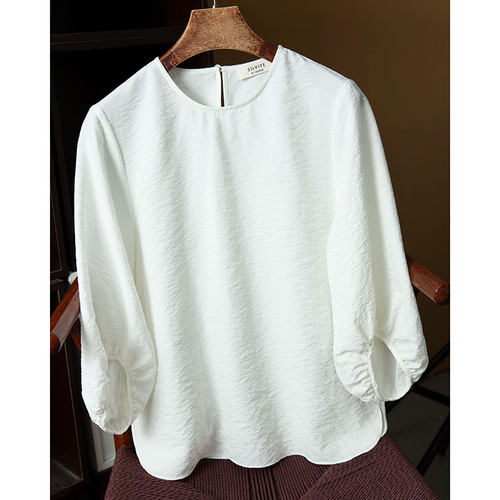 丝艺 真丝干丝五分袖圆领休闲T恤女桑蚕丝圆角中袖上衣宽松显瘦夏