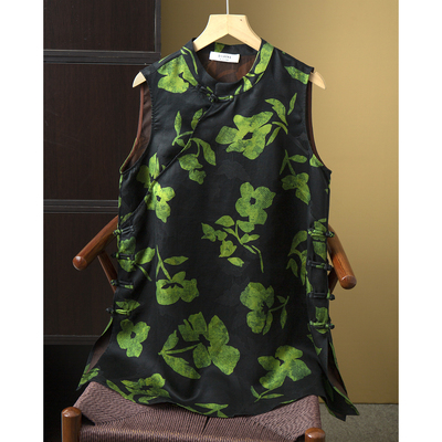 现货100%桑蚕丝香云纱花萝奥黛中长款上衣女国风盘扣真丝无袖小衫