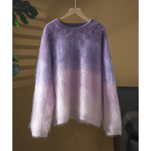 丝艺100纯山羊绒羊绒拉绒渐变色羊绒衫 女针织晕染花纱毛衣毛衫