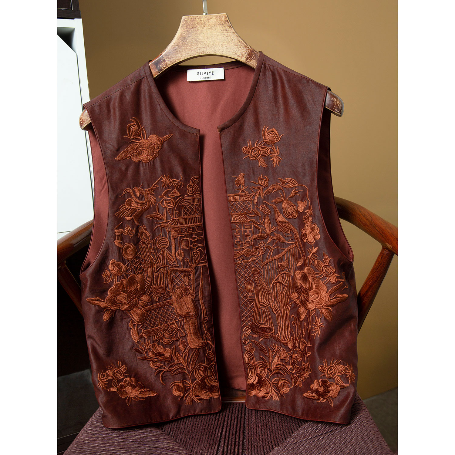 丝艺 重工刺绣香云纱红云纱真丝马甲女桑蚕丝圆领背心上衣百搭秋