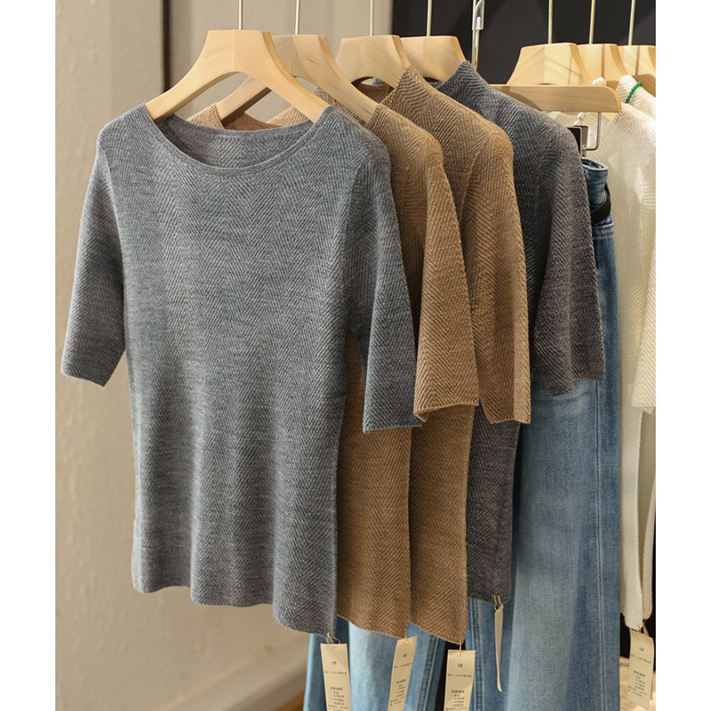 丝艺中袖+长袖48支超细100%绵羊毛无缝鱼骨纹一字领+半高领针织衫