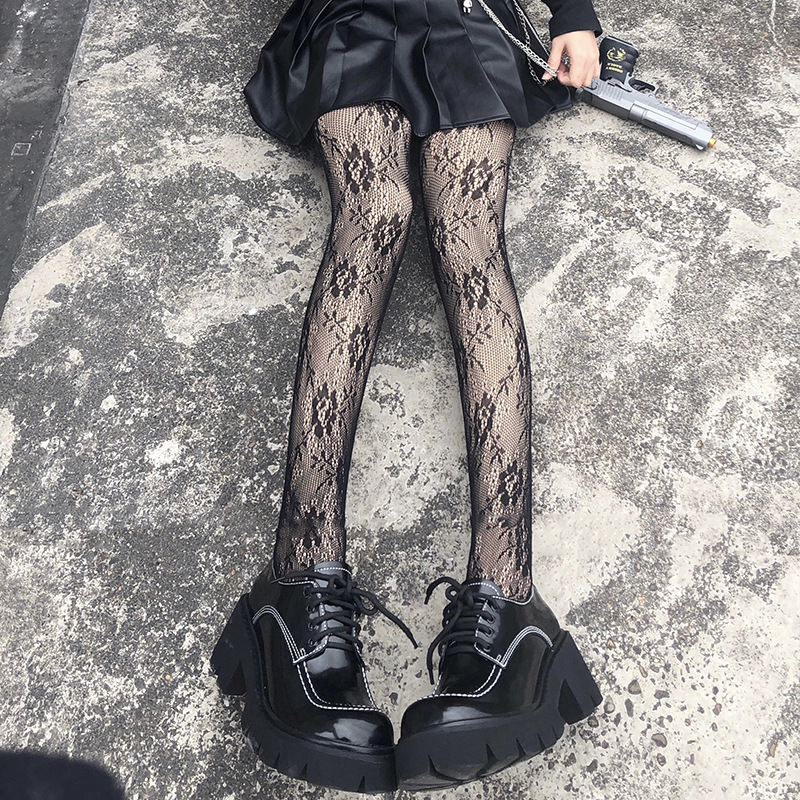 日系黑色復古玫瑰花藤蔓漁網蕾絲連褲打底絲襪女