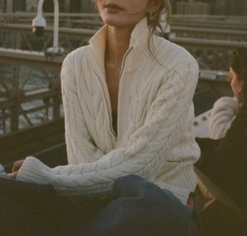 法式小众2025秋冬新复古慵懒风双拉链立领麻花编织宽松毛衣开衫女