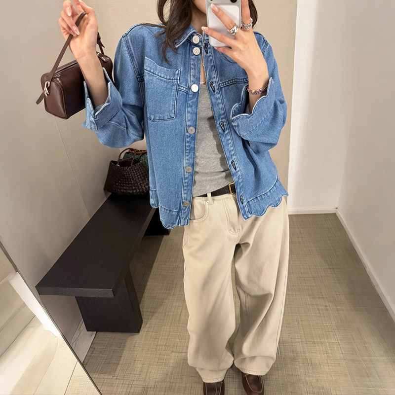 法单小众 2026春夏休闲女装蓝色牛仔波浪花边POLO领衬衣外套女
