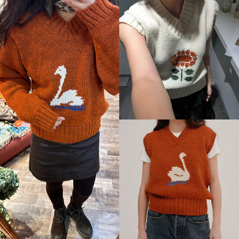 法式小众2025秋冬新款童趣花朵白天鹅提花V领显白女背心收腰毛衣2