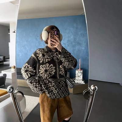 法式小众 2025秋冬新街拍费尔岛对花拼接系带宽松翻领套头毛衣女