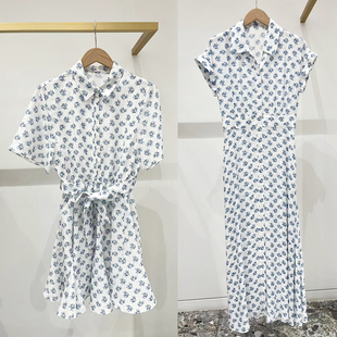 法式小众 2026春夏新款时尚舒适蓝白花卉衬衫翻领高腰复古连衣裙