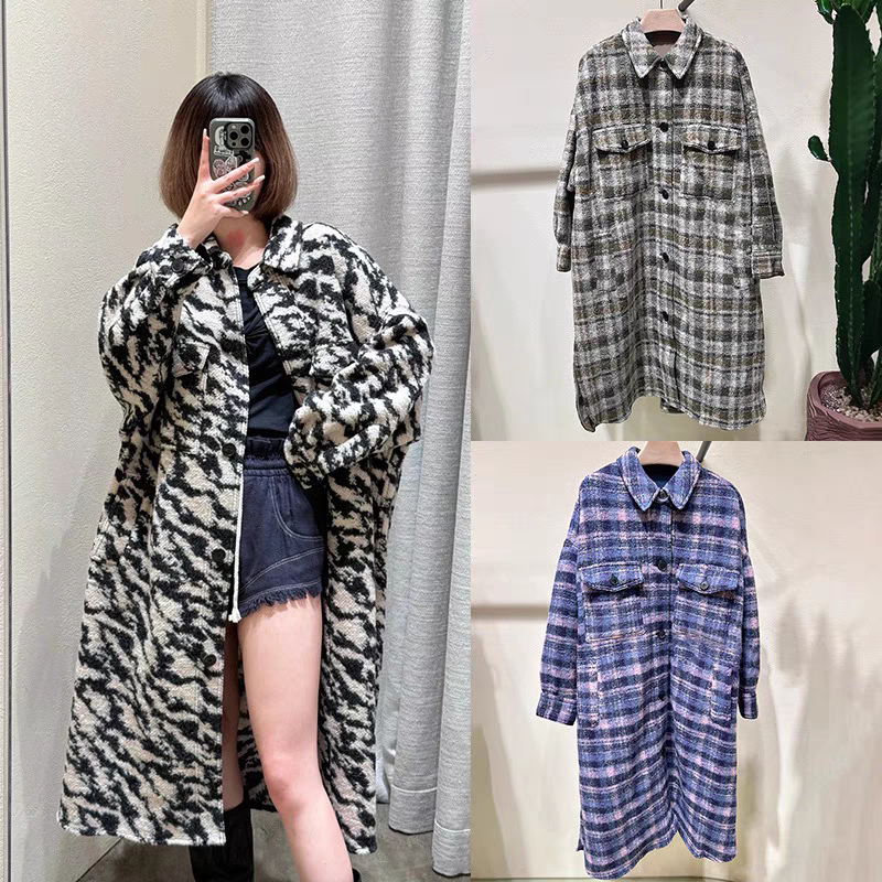 ISA法式小众2024秋冬潮线经典款翻领格纹长款毛呢大衣中性外套女