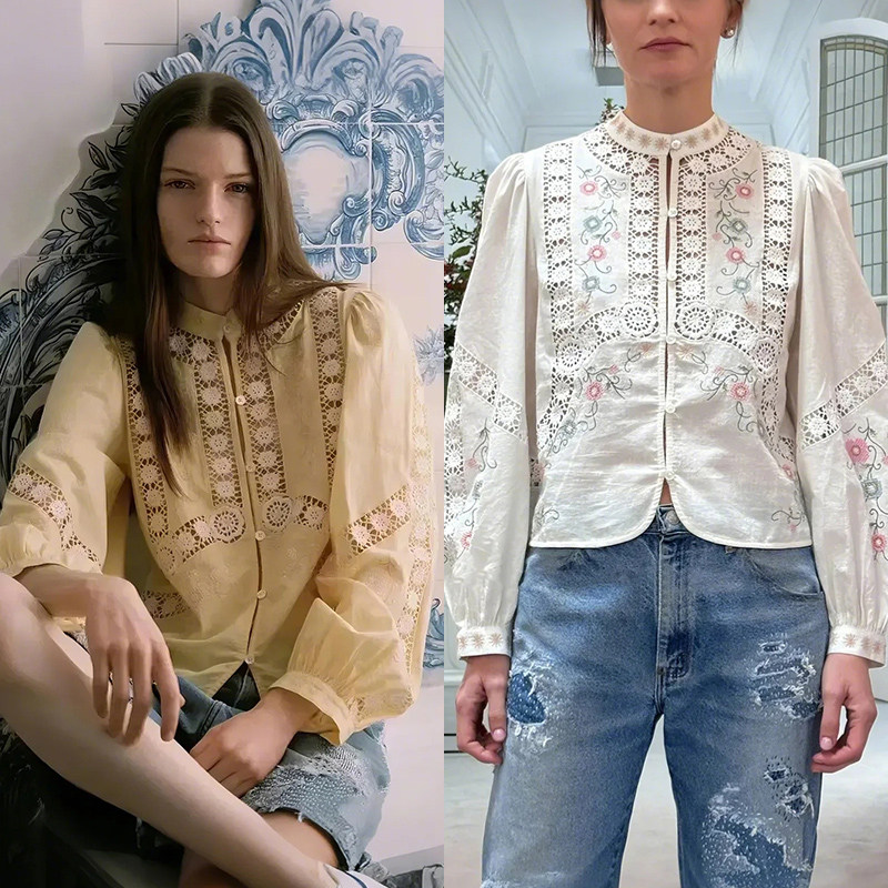 Se法式小众 2025早春淑女植物花卉十字绣镂空立领显白长袖衬衣女