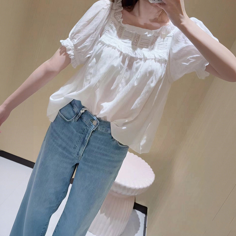 SAVI~款2026夏季新款甜美舒适纯色套头方领短袖蕾丝花边女娃娃衫