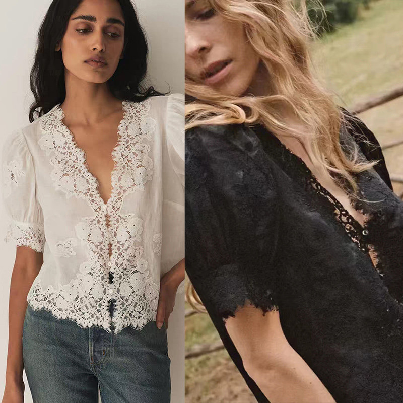 Doe法单小众2025夏季时尚别致睫毛蕾丝花边V领泡泡袖单排扣衬衣