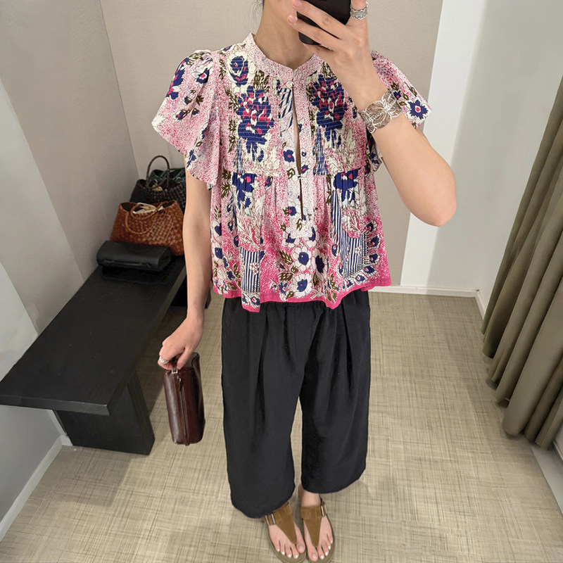 法式小众 2026夏季新款异域风情彩绘印花飞飞袖圆领套头舒适罩衫