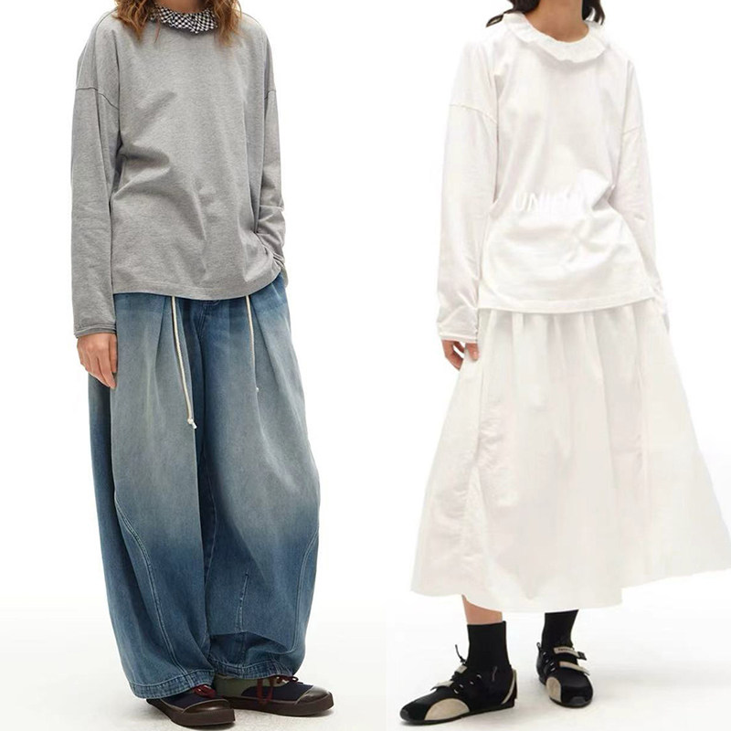 法式小众2026春夏设计款个性中长撞色花边领落肩袖宽松T恤衫女