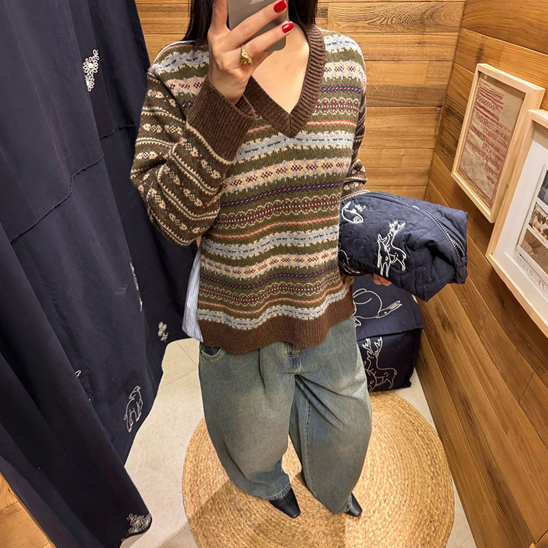 法单小众2026早春费尔岛嵌花条纹针织拼接府绸棉V领毛衣女