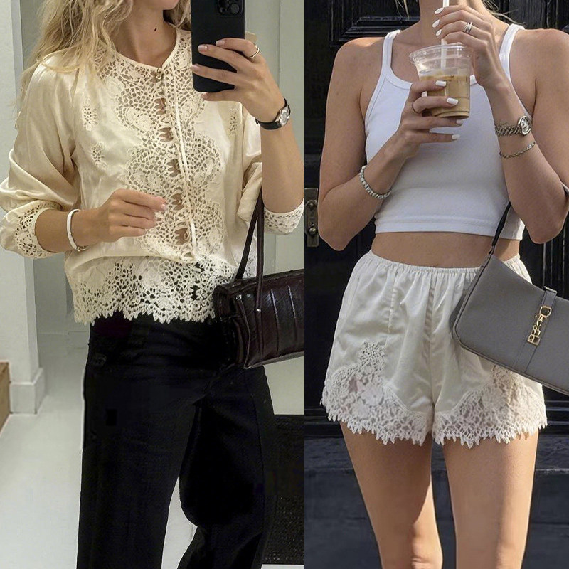 法式小众 2026夏季新款优雅真丝拼睫毛蕾丝圆领系带衬衣短裤套装