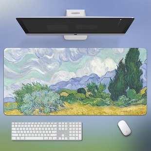风景油彩画鼠标垫梵高超大号办公书桌垫加厚锁边电脑键盘垫滑鼠垫