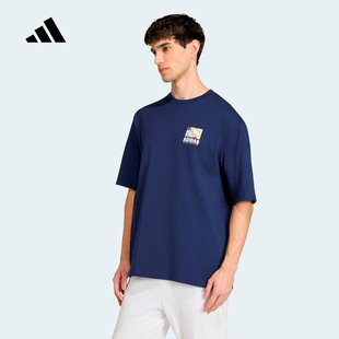 adidas阿迪达斯时尚印花短袖2026夏男鲜艳圆领宽松运动T恤 KE4338
