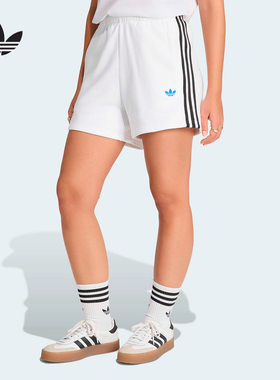 adidas阿迪达斯三叶草拉绳腰身五分裤夏棉女三条纹针织短裤KG3695