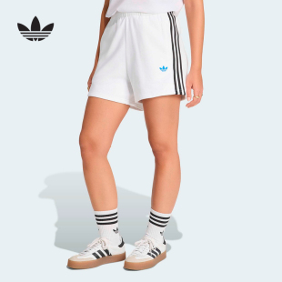 adidas阿迪达斯三叶草拉绳腰身五分裤夏棉女三条纹针织短裤KG3695