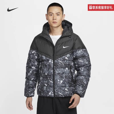 Nike耐克羽绒服男冬新款防风拒水连帽夹克拼接印花外套HQ4184-010