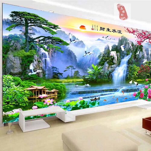 山水画背景墙客厅大气无缝壁画