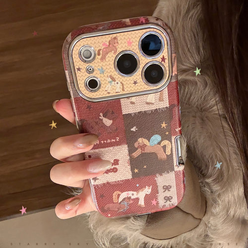 复古新年小马适用iphone17promax苹果16手机壳15皮质11电镀13全包