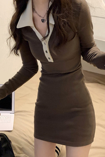 气质女神范法式 新款 包臀短裙 连衣裙女2022年春秋装 辣妹polo领长袖