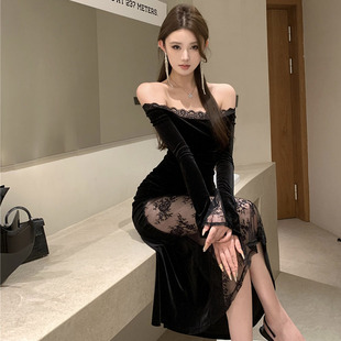 法式气质感御姐一字肩连衣裙女性感镂空蕾丝拼接修身包臀礼服长裙