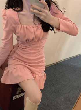 包臀气质褶皱长袖连衣裙女