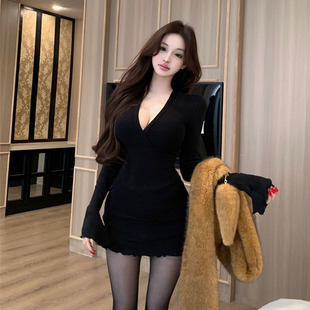 辣妹后背蕾丝拼接长袖 气质收腰显瘦打底包臀短裙 连衣裙女春秋新款