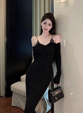 黑色露肩一字肩蕾丝吊带连衣裙女