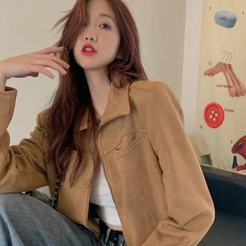 咖色仿鹿皮绒设计感翻领外套女
