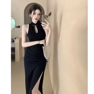 御姐开叉包臀长裙 新款 新中式 挂脖改良旗袍晚礼服连衣裙女2024夏季