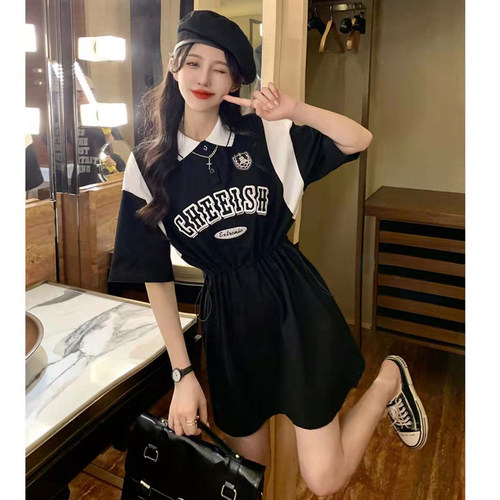 抽绳可调节收腰polo领连衣裙女